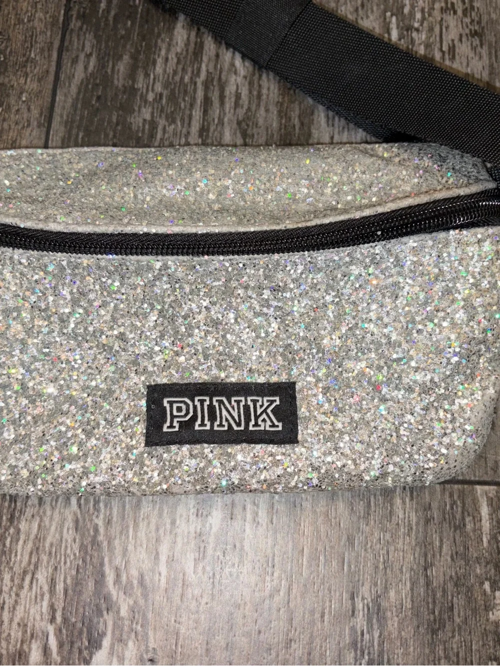PINK Victoria's Secret Silver Glitter Belt Bag with Black Strap